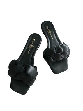 MICHELE LOPRIORE Black Braided Leather Flats Sandals Size 38 / US 8